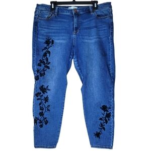 Lane Bryant Denim Jeans Women Size 18P Blue Black Embroidered Flower Tapered Leg